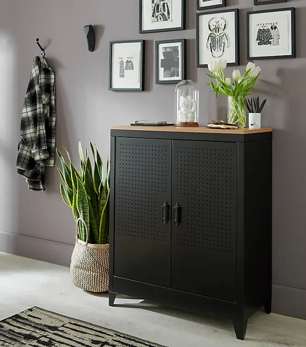 marque pas cher Castorama Armoire Basse En Métal Coloris Noir Mat Avec Plateau Effet Chêne 1