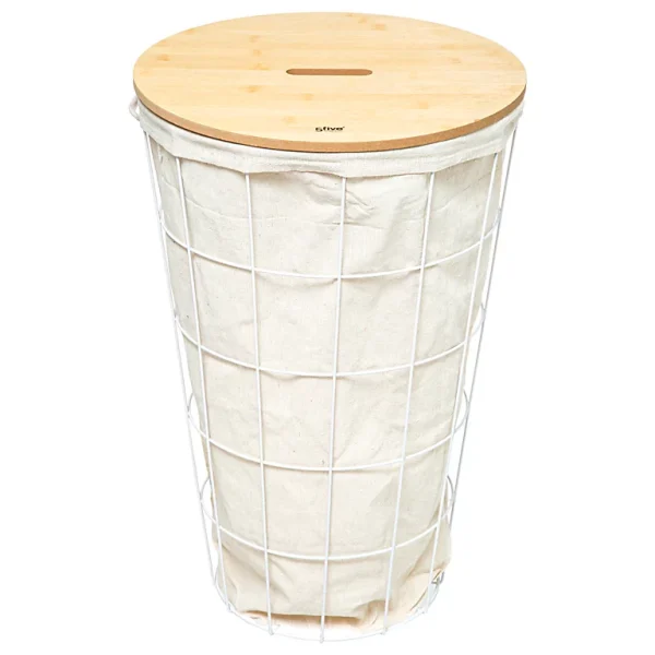 Authentic Original licence Castorama Panier à Linge Five Modern 42 Litres En Polyester Cadre En Fer Et Couvercle En Bois MDF Coloris Blanc Ø38,5 X H.57 Cm 1